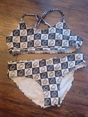 Hurley Y2K Smiley Face Black and White Bikini Girls Youth Size 12
